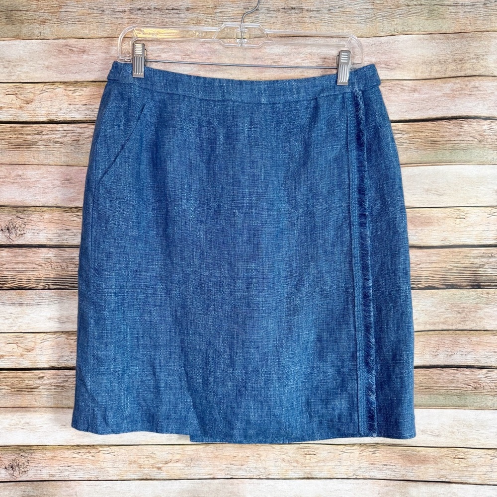 Akris Punto Women's 100% Linen Blue Chambray Faux Wrap Pencil Skirt Size 6